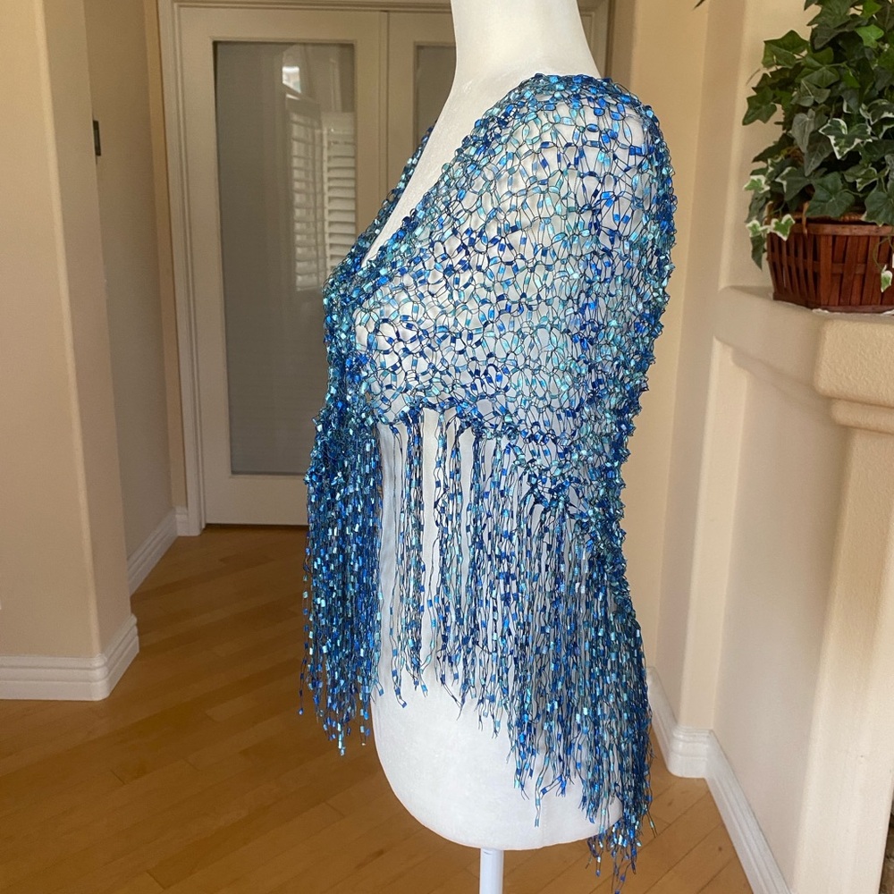 Handmade Crocheted Fringed Blue Women's Wrap - Picture 4 of 8